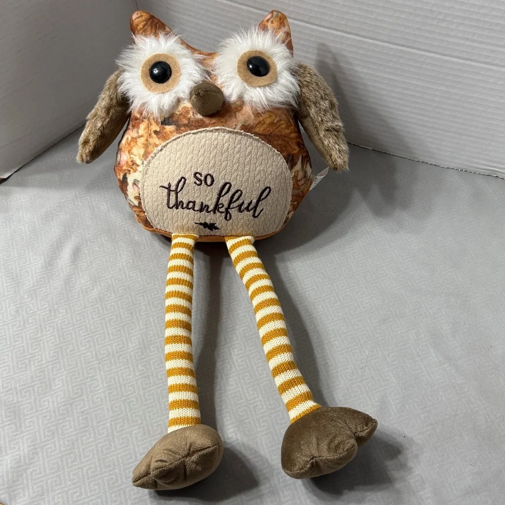 So Thankful Owl Plush Shelf Sitter with Striped Legs Big Eyes Furry Fall Colors